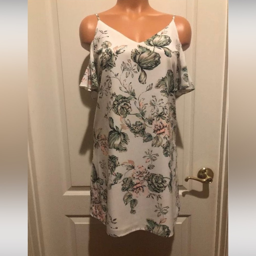 L&T DESIGN LAB White Pink Green Floral Dress V Neck Flutter Cap Sleeve XS $75